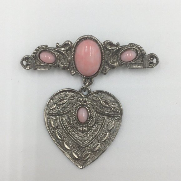 SILVER Tone Brocade Dangle Charm HEART BROOCH, Pink Plastic CABOCHON, Valentine - Picture 3 of 8